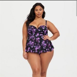 Black & Purple Floral Underwire Knot Front Tankini Top